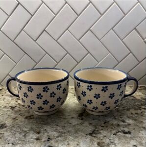 Boleslawiec Polish Pottery Blue Floral Mugs Set of 2 Handmade Stoneware Poland